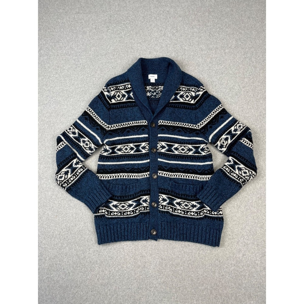 Old Navy Cardigan Mens XL Blue Fair Isle Shawl Collar Wool Blend Sweater